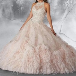 Light Pink Shiny Quinceanera Dresses Ball Gown Birthday Lace Up Applique Lace Beads Tiered Feather Sweet 16 Dress 